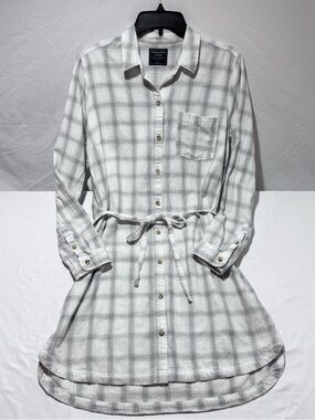 Abercrombie & Fitch Plaid Shirt Dress Light Grey/White Checkered Pattern Size L
